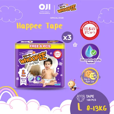 [3 PACKS] Whoopee Mega Tape Diapers Baby - Size S (72s)/M (60s)/L (50s)/XL (44s)/XXL (40s) 3 Packs