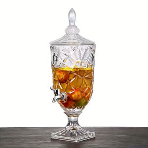 Elegant Embossed Glass Beverage Dispenser with Faucet - Large Capacity Drinkware Pitcher for Cold Beverages and Wine