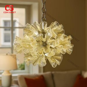 Đèn Chùm Thủy Tinh Dáng Hoa Nở Ánh Xanh Vintage Ấn Tượng