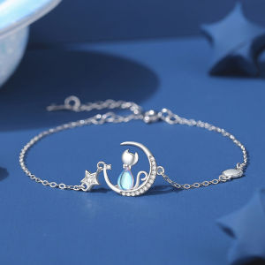 Elegant 925 Silver Moon Cat Bracelet &ndash Embedded Blue Moonstone &amp Crystal Stars Romantic Gift for her