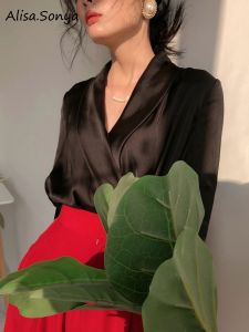 Alisa Sonya Women Imitated Silk Satin White Long Sleeve V Neck Collar Shirts Blouse Korean Fashion Party Wear