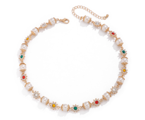 Colorful diamond-studded small flower imitation pearl necklace for women European and American retro palace style necklace womens light luxury niche design clavicle chain high-end necklace