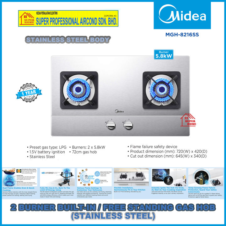 Midea Builtin Hob MGH8216SS 72cm Stainless Steel Body Cooker Gas Hob
