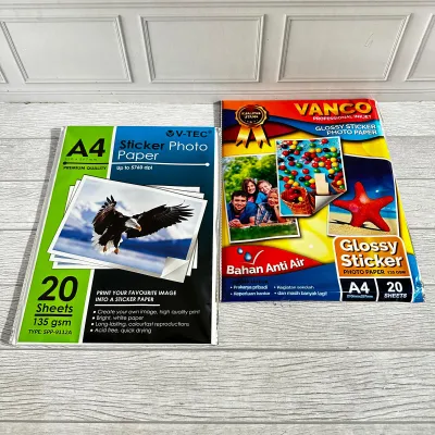 SATU PACK ( 20 LEMBAR ) Kertas Foto Stiker A4 V-Tec / Vanco 135 Gsm Sticker Photo Paper A4 Vtec / Vanco 135Gsm