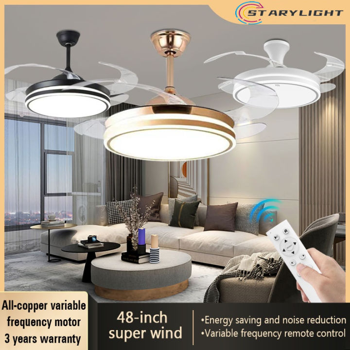 LED Tri Color Ceiling Fan Light 42 48Inch Retractable Invisible