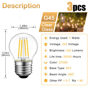 3pcs E27 LED Edison Bulb G45 4W 40W Incandescent Equivalent LED Filament Bulb 2700K Warm White Dimmable Lamp Bulb for Home Pendant Antique Light