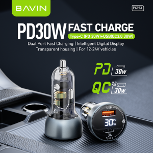 BAVIN PC973 30W PD Fast Charging Car Charger QC 3.0 USB Port Built-In LED Display for iPh & Android (Supports 17 Series)