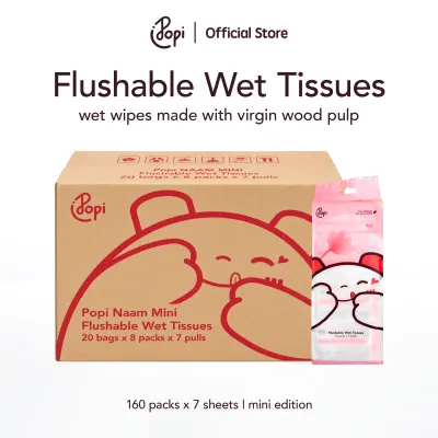 160 pek Popi Naam Mini Tisu Basah Tandas | Gentle Flushable Wet Tissues w/ Tea Tree Chamomile & Aloe Vera Extract
