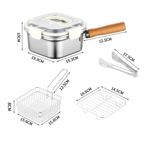 [SG Ready Stock]Stainless Steel Fry Pot Home Tempura Fryer Oil Storage Container with Basket deep frying pot Oil Drainer