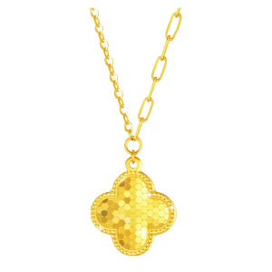 CTS 24K Solid Gold Lucky Shining Clover Paperclip Chain Necklace Fish-scales Stud Earrings Women Gold Jewelry Set CHOW TAI SENG 周大生 G0PC0395 G0EC0018