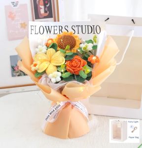 Crochet Flower Bouquet Handmade Knitted Flower Artificial Bouquet Carnation Galsang Rose Bouquet Mothers Day Birthday Graduation Celebration Bouquet