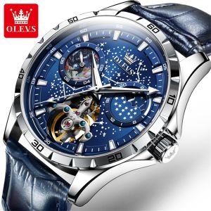 OLEVS 6689 Waterproof Automatic Mechanical Watch For Men Genuine Leather Band Fashion Men Wristwatches Moon Phase GMT