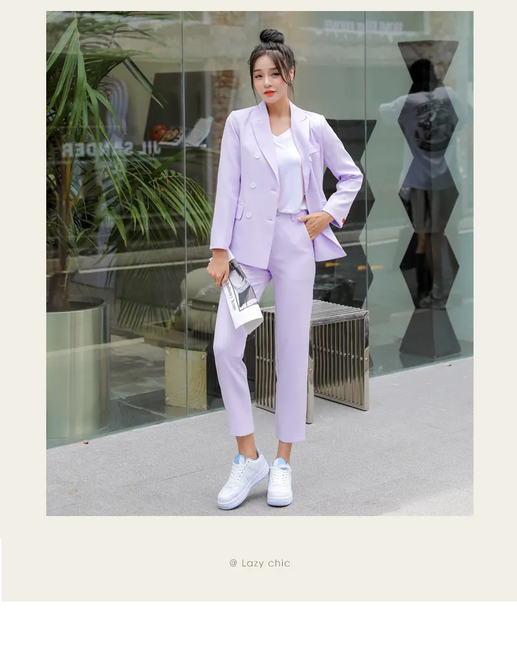 Fashion Purple Pink Pant Suit Women Office Ladies Formal Blazer