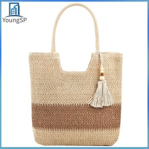 [Fast Delivery] Summer Hand-Woven Handbags Contrast Color with Tassels Ladies Woven Tote Large-Capacity Handmade Fashion Casual Simple for Seaside Holiday