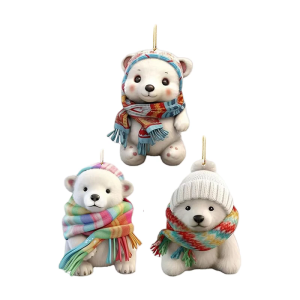 Pack of 3 Polars Bear Acrylic Pendant with Scarf for Car Christmas Tree Animal Figurines Hanging Decoration