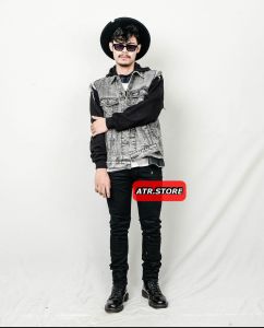Jacket jeans casual pria kombiansi catton flecee / jeans abu polos sandwash causal pria