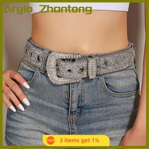 Aryio เข็มขัดกว้างประดับพลอยเทียมแวววาวสำหรับผู้หญิงชุดเดรสเข็มขัดพลอยเทียมสำหรับผู้ใหญ่เข็มขัดเพชรคริสตัล