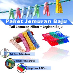 DADIDU Paket Tali Jemuran Baju Tali Nilon 10 Meter Serbaguna Jemuran Pengikat Outdoor Nylon Rope + Jepitan Baju Isi 20 Pcs