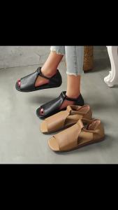 [Free Shipping] Vintage Handmade Soft Leather Peep-Toe Sandals For Women 2026 Summer New Soft Sole Lightweight Flat Heel Closed-Toe Open-Toe Sandals