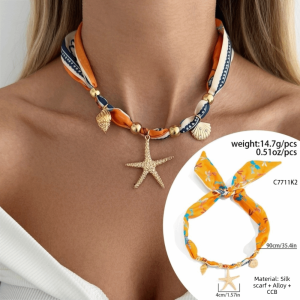 MIRELAE Stylish Printed Scarf Necklace Bohemian INS Lightweight Starfish Shell Necklace Starfish Decor Trendy Vacation Jewelry Vacation Wear