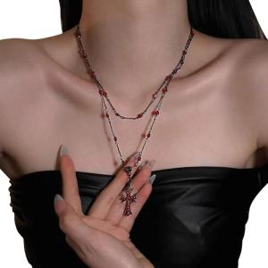 Fashionable Two Layer Crosses Pendant Necklace Black Beads Chain Clavicle Chain Double Layer Chain Necklace For Women Gift