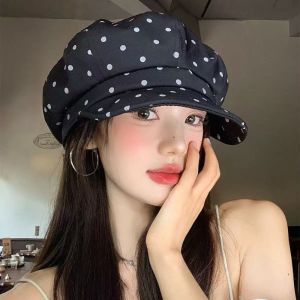 AODDO Trắng Mũ Beret chấm bi Phiên bản lớn Vành mũ lật ngược Mũ họa sĩ hình bát giác Phong cách cổ điển Mũ Beret Mây Phụ nữ