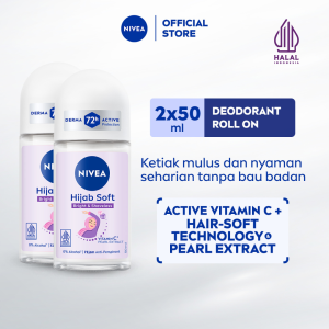 (PAKET HEMAT ISI 2) NIVEA Deodorant Roll On Brightening Hijab Soft 50ml - Deodoran wanita hijab halal mencerahkan brightening kullit lembut mengurangi frekuensi cukur bulu ketiak wangi segar seharian - Antiperspiran Vitamin C Ekstrak Mutiara 0% alkohol