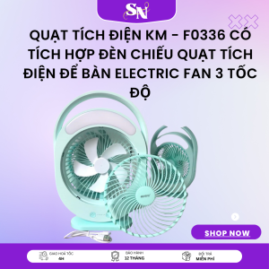Quạt tích điện KM - F0336 có tích hợp đèn chiếu Quạt tích điện để bàn Electric Fan 3 Tốc Độ F0336 QUẠT TÍCH ĐIỆN CÓ ĐÈN LED 2 CHẾ ĐỘ KM-F0336 MÀU XANH TẶNG KÈM DÂY SẠC QUẠT SẠC TÍCH ĐIỆN CÓ ĐÈN LED KM-F0336