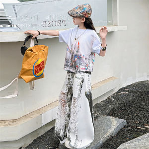 Kids Child High Fashion Digital Print Streetwear Hip Hop Outfit T-shirt Pants Suit for Girls Hiphop Style Stage Wear Clothes Set H260702