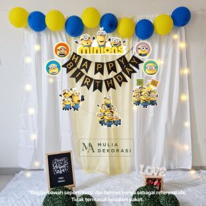 Backdrop Dekorasi Ulang Tahun Happy Birthday Despic4ble Me Tirai Pesta Anak Paket M1n10ns