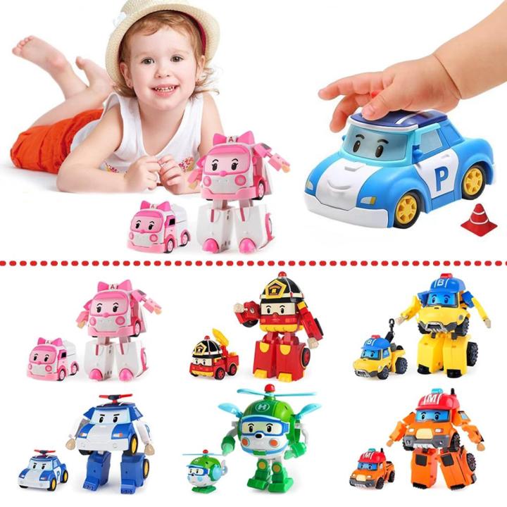 YESPIG 6-Piece Poly Robocar Transform Robot Roy Fire Tamin Traffic Rescue Team Children's Toy Car Set Holiday Birthday Gift L10CM