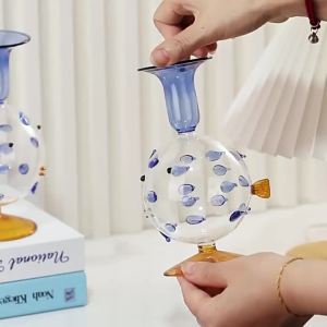 FFBH Cartoon Pufferfish Glass Candlestick Transparent Cute Fish Candle Holder Handmade Colored Glass Candle Stick Home Decoration X2Z8B