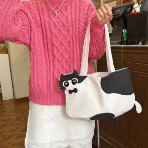 R3LRW0X Cloth Printed Cat Shoulder Bag Print Cute Handbag Casual Cartoon Embroidery Canvas Bag Women