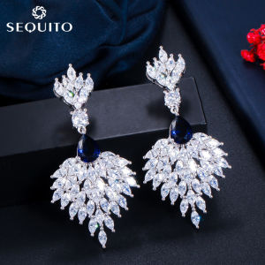 SEQUITO Luxury Brilliant Cut Clear Leaf Cubic Zirconia Long Feather Drop Dangle Jewelry Bridal Hanging Earrings for Wedding SE295