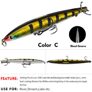 Proberos chìm bút chì Mồi Câu Cá jigging dài đúc 13.2cm 25.4g nhân tạo swimbait cứng bằng nhựa thu hút 6 # lưỡi câu 3 móc tenggiri toman nước muối phụ kiện câu cá