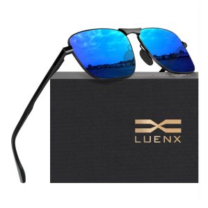 LUENX Kacamata Hitam Rectangular Polarized Aviator Sunglasses for Men Retro Pilot Shades Driving UV400 Protection Original Sunglasses 6405-1