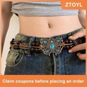【ZTOYL】 Bohemian Style Butterfly Water Woven Ethnic Style Wooden Bead Womens Belt Casual Vacation Style Waist Rope