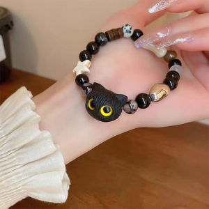 [fenggongshuode] Cute Black Cat Beaded Bracelet For Women Men Black White Beads Cartoon Animal Couple Bracelet Trendy Jewelry Lovers Gift
