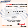 Bticino Galion 16A 250VA 1 Gang International Socket Outlet with Switch and Type-A USB Charger. 