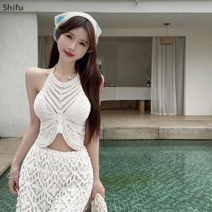 [ShiFu] Summer Bohemia Hollow Embroidered Halterneck Backless Sleeveless Knitted Camisole For Women