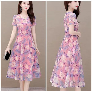 🌟CORE🌟dresses women new style 2025 Korean Trends Summer Short Sleeved Floral Dress Women Bow A-line Dress Korean Medium Length Dress