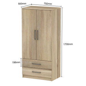 Panelbond 170cm Rectangular White Wardrobe Home Wooden Double Door Wardrobe Bedroom Storage Cabinet with Metal Handles 2 Drawers for Clothes