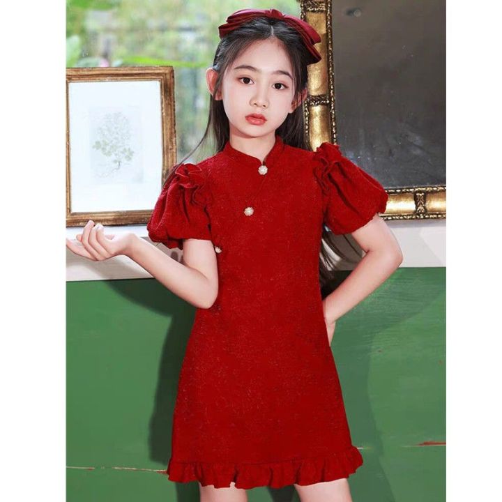 thumbnail image 2 of Kids Girl Traditional Chinese Qipao Cheongsam Dress – Red Floral, Short Sleeve, Summer 2 of 5