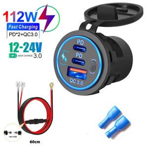 112W 3 Ports Quick Charge Dual PD Type C & QC 3.0 Aperture Car Charger Outlet Socket For 12V 24V Motorcycle Boat Marine Truck ATV