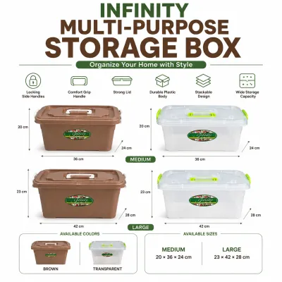 Infinity Multi-Purpose Storage Box with Secure Lock Lid Stackable Plastic Organizer Brown & Transparent