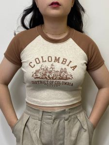 Kaos Crop Top Wanita Two Tone Colombia Korean Basic Lengan Pendek Bahan Rib Knit