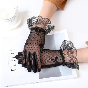 FEEZE Summer Wedding Lace Bow Driving Black White Full Finger Bridal Gloves Lace Gloves Mesh Gloves Tulle Mittens