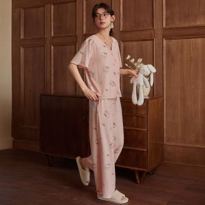 Minimalist Style Pajamas with Chest Pads for Girls and Teenagers in Summer Woman Plus Size Ice Silk Short Sleeved Pants Sleepwear Two-piece Set Casual Loose Home Clothes