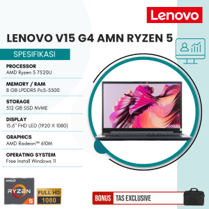 Lenovo Ryzen 5 - V15 G4 AMN - [AMD Ryzen 5 7520U | 8GB DDR5 | SSD 512GB | AMD Radeon 610M | WiFi 6 | 15.6" FHD | Garansi 1 Tahun]