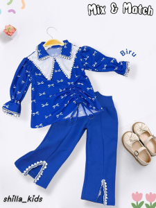 Setelan Anak Perempuan Model Kerah Renda Bahan Japan Line Motif Pita Usia 1-12 Tahun